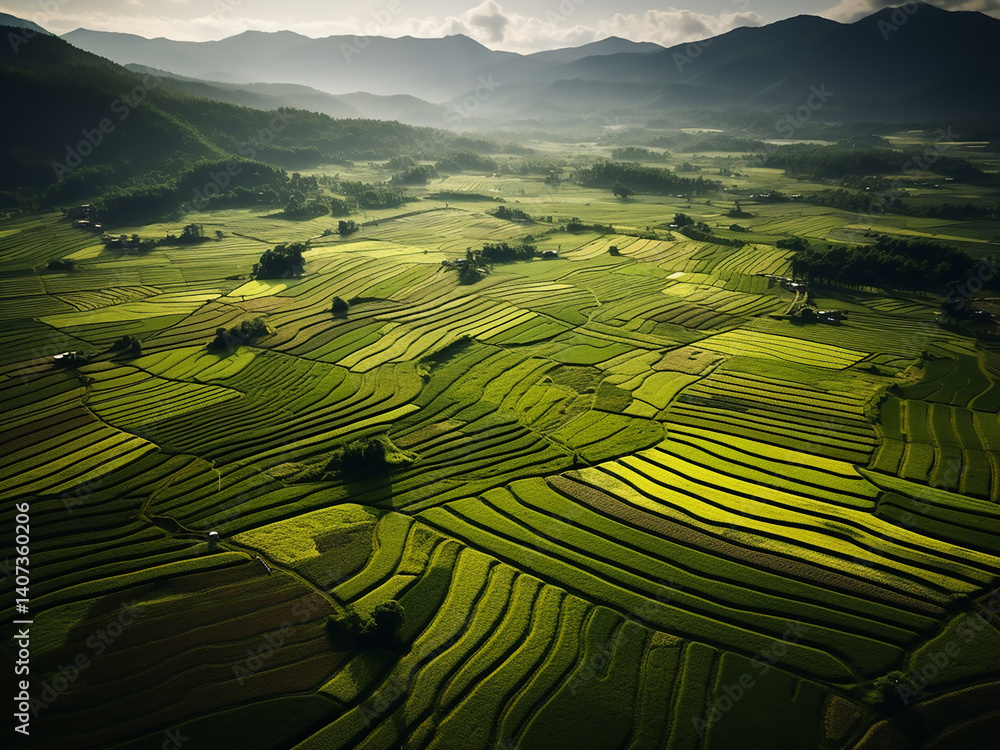 Poster rural farmland with vast fields growing crops in ordered patterns showing abundance and order