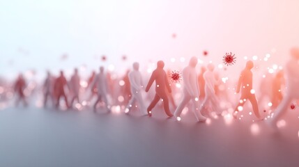 Crowd of people walking through virus particles spreading disease