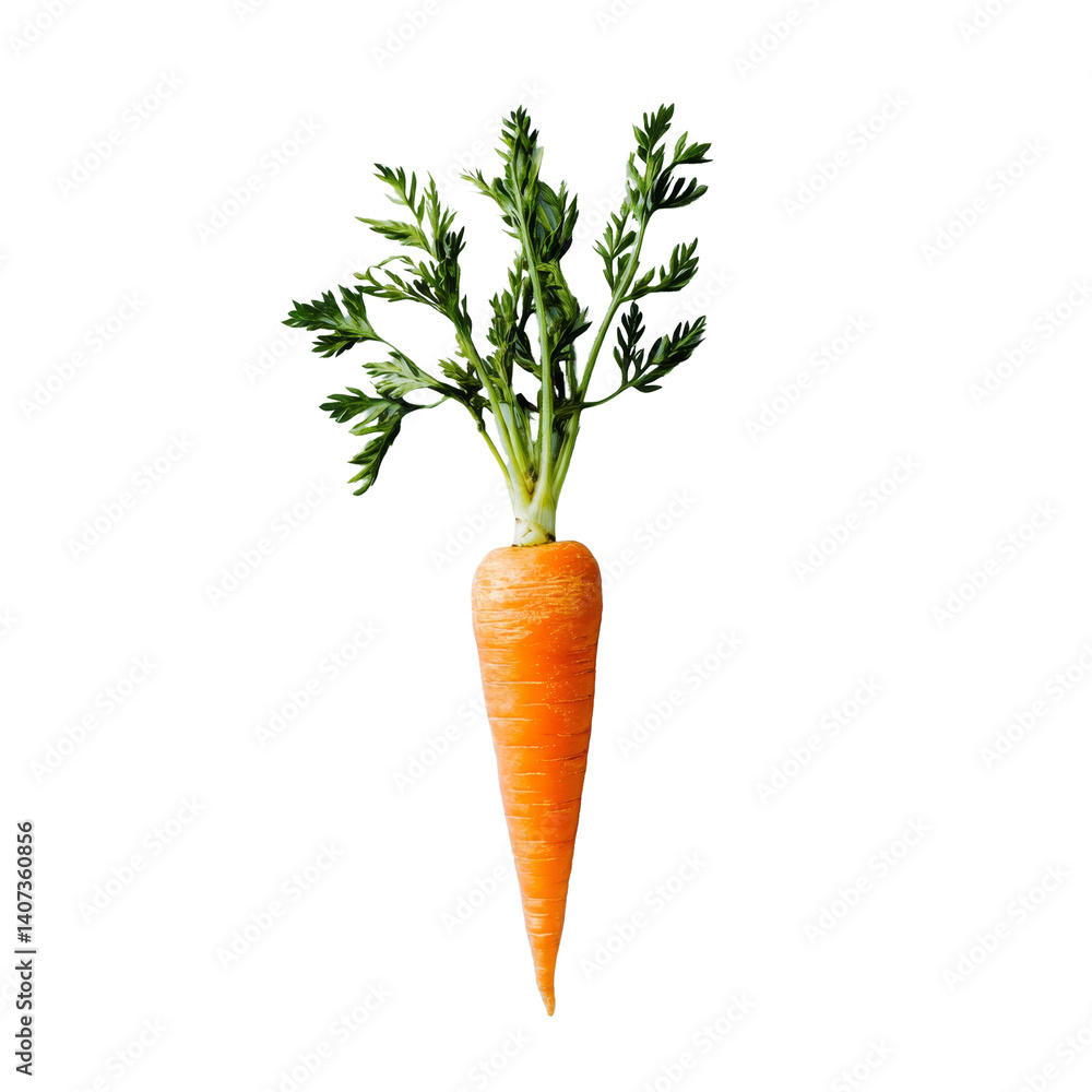 Poster fresh carrot with green leaves displayed on a minimalist transparent background in natural light, ca