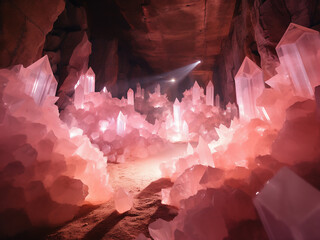 Crystal formations growing in a glowing salt room with a healing atmosphere and pink light