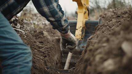 Construction laborer operating a backhoe to dig a trench. Featuring strength and coordination