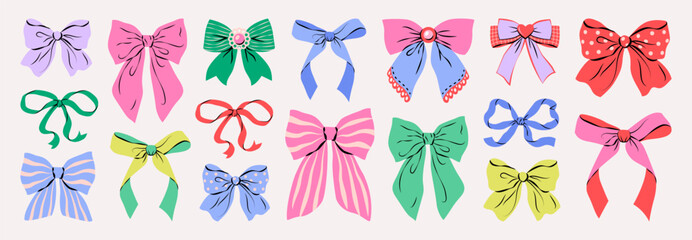 Colorful ribbon bows collection. Big set of trendy hair braiding accessory. Perfect for festive packaging and birthday designs, greeting cards. Hand drawn vector illustration.