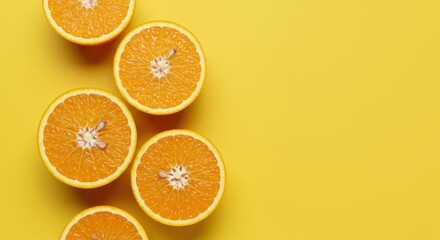 Sliced oranges arranged vertically on a bright yellow background with copy space.