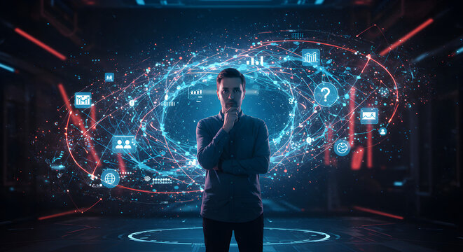 Man standing in front of a digital sphere with data icons and glowing lines in a futuristic setting . linear icon collection. editable stroke icons. vector illustration 