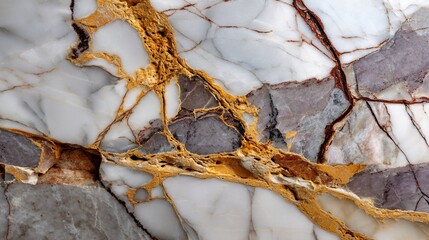 Intricate veins of gold and grey flow through white marble