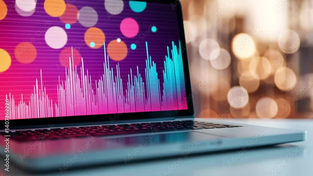Poster vibrant digital technology colorful sound wave visualization on laptop with dynamic circles and blur