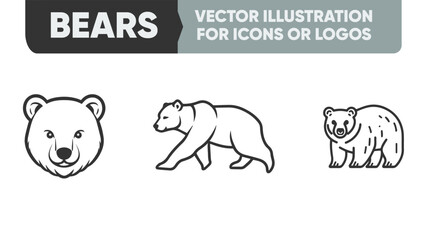 Minimalist Bear Line Icon Set - Simple Animal Silhouette Vector for Logo, App, or Design (Flat Linear Art)