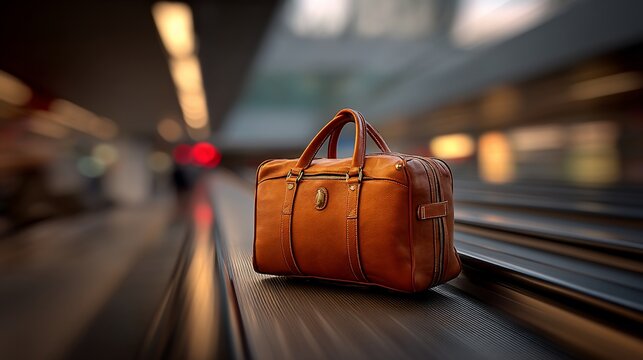 Leather satchel rests on moving airport walkway