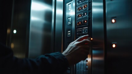 Elevator technician configuring control panel wiring. Featuring expertise and safety