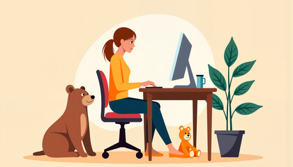 Mom works next to toys, working on a computer in a cozy home office  