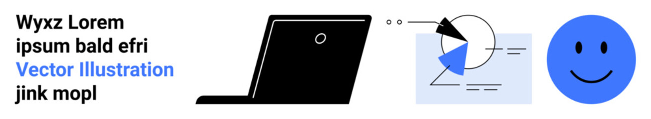 Laptop silhouette, data chart with arrows, and a blue happy face. Ideal for technology, data analysis, positivity, communication, education, workplace and simple landing page