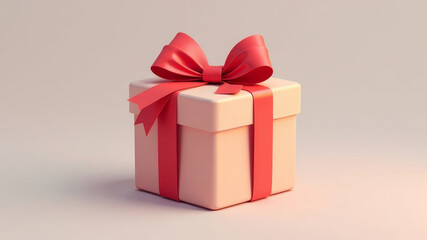 Obraz premium Pink gift box with red ribbon and bow on soft neutral background.