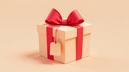 Fototapeta premium Pink gift box with red ribbon and bow on soft neutral background.