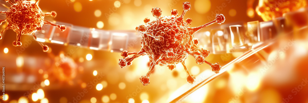 Poster virus particles observed under microscope display intricate structures with bright colors against a 