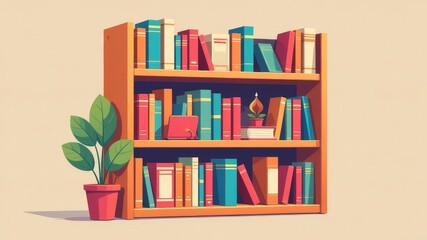 Colorful books on orange bookshelf against light background in minimal style.