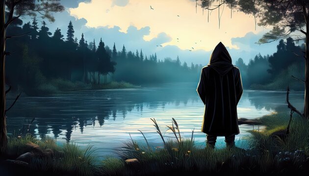 Evening Landscape with Forest Lake, River, and Young Man Tense Encounter at Dusk A Mysterious Figure Stands in a Black Hood Amidst Serene Nature - Powered by Adobe