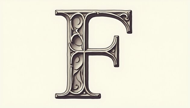 Ornate Letter F: An intricately designed, elegant capital letter F, crafted with a medieval flair and adorned with decorative flourishes. The letter appears to be sculpted in silver or pewter.