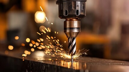 Industrial drill bit cutting metal in workshop with sparks