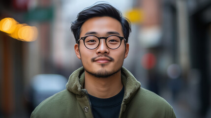 Fototapeta premium Asian young man with glasses, modern Chinese guy standing on city street