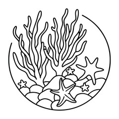 Outline of Coral Reef with Starfish and Seaweed, Underwater Marine Life Vector