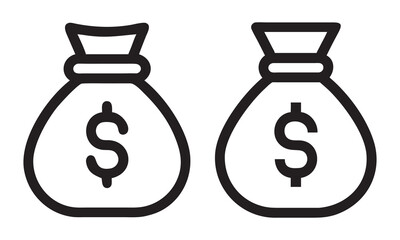 Money Bags with Dollar Signs Outline, Money assistance icon in different styles. Thin Line, Line, Bold, and Bold Line. Duotone style