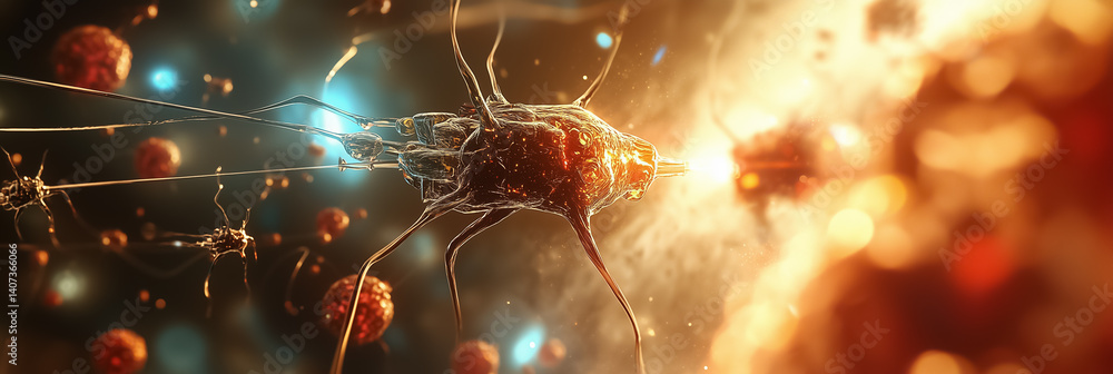 Poster microscopic organism gliding through a dazzling colorful molecular environment. bright lights and in