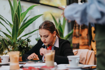A professional woman concentrating on her tablet in a vibrant cafe environment, surrounded by plants and coffee cups, epitomizes productivity and focus in a collaborative workspace.