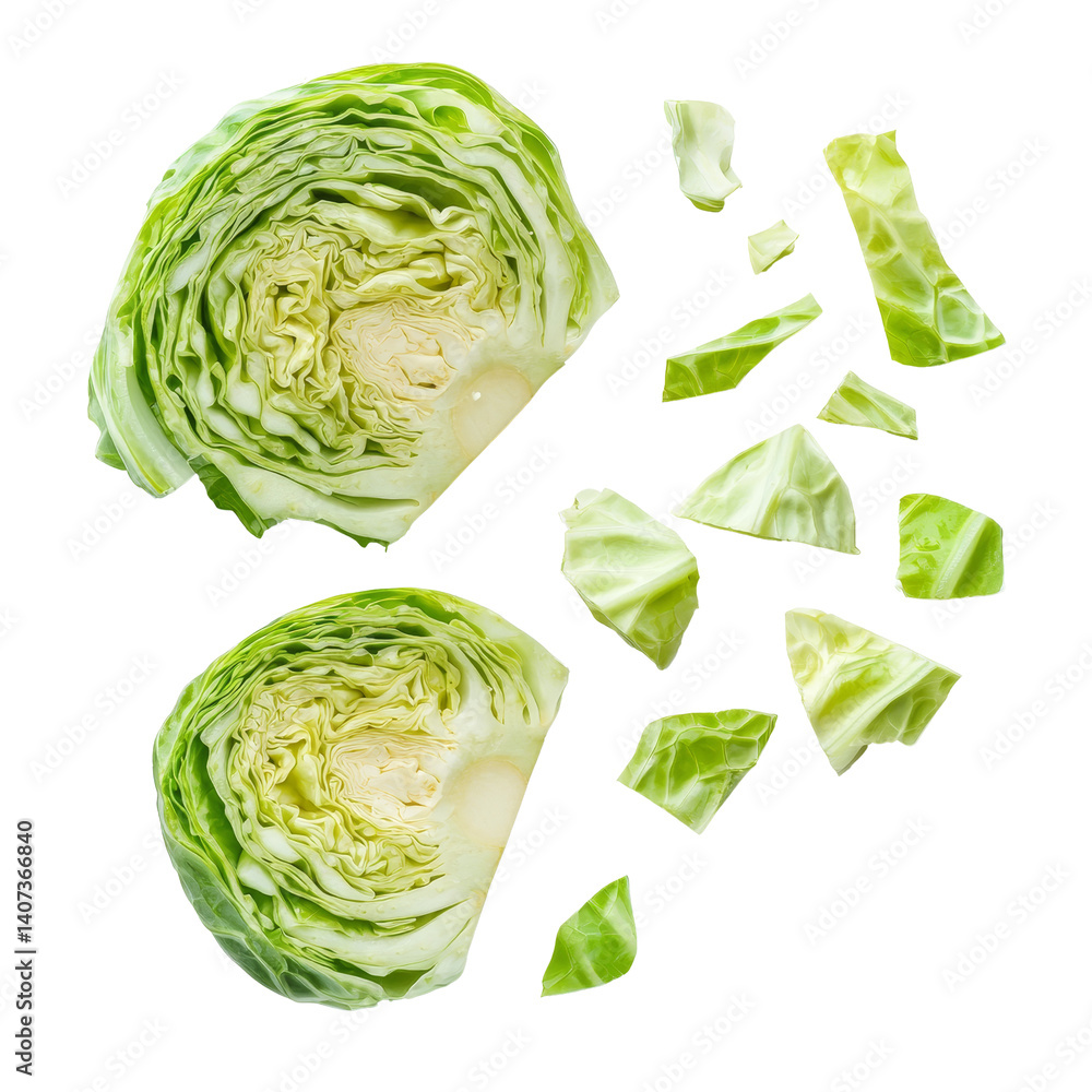 Poster sliced green cabbage arranged on a clean transparent background with additional pieces scattered aro