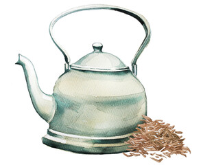 Teapot with tea leaves design. Watercolor kettle illustration. Retro kitchenware clipart.	