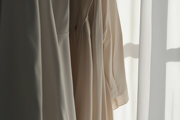 A row of white dresses hanging in a window
