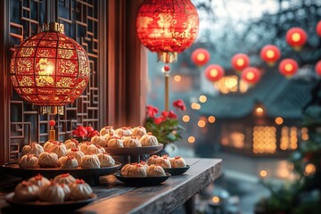 Traditional Chinese New Year festive table setting with bright red lanterns, golden decorations and delicious dumplings beautifully arranged on a wooden table, creating a warm and joyful atmosphere,