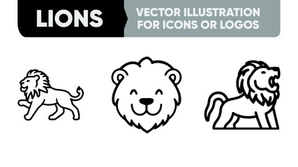 Lion Outline Icons - Bold Black & White Vector Collection for Sports Teams, Luxury Logos & App Designs