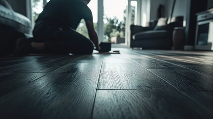 Flooring installer laying down hardwood planks in a living room. Featuring attention to detail and skill