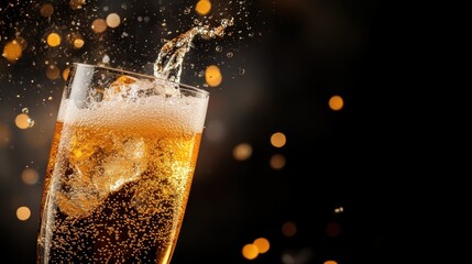 A refreshing drink splashes dramatically out of a glass, capturing the moment with bubbly foam and droplets against a blurred dark background for a striking look.