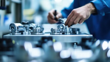 Factory worker assembling parts on a production line. Featuring manufacturing processes and assembly