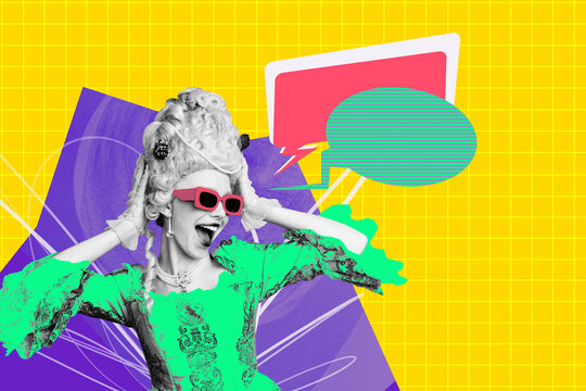 Contemporary poster trend art collage of excited victorian girl wear wig dress bubble speech communication neon color chat