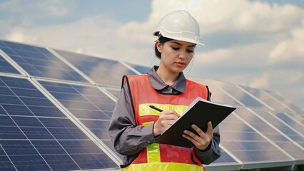 Female solar technician in hard hat and safety vest taking notes on a clipboard at a solar farm construction site, emphasizing the importance of maintenance and data collection.