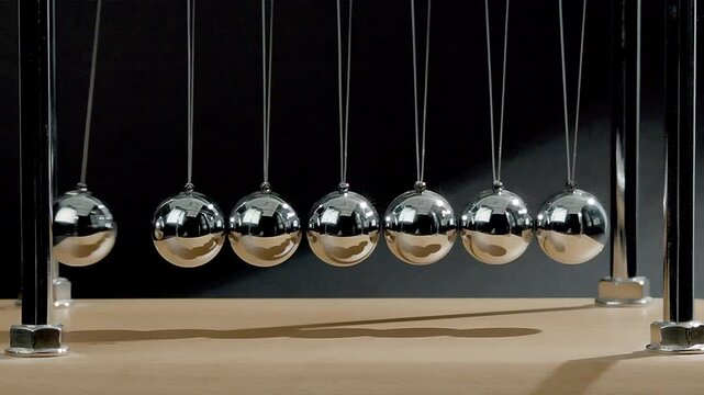 Slow-motion close-up of a Newton's cradle in action &ndash; seven chrome balls swinging in perfect rhythm..