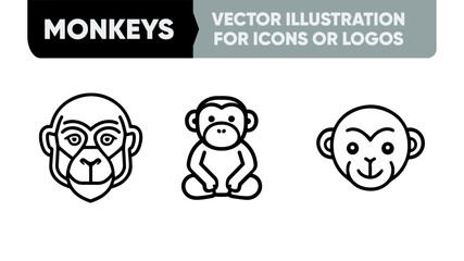 Tiny Monkey Line Art Set – Minimalist Animal Icons for Web, Print, or Flaticon Projects