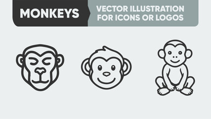 Monkey Outline Icons – Clean Line Art Vector Collection for Logo, UI, or Packaging Design