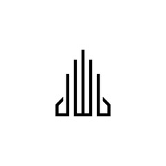Abstract black and white minimalist real estate logo featuring symmetrical vertical lines forming stylized skyscrapers or towers. This modern and clean design is ideal for architectural firms, real es