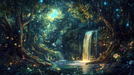 Enchanted Forest with Waterfalls and Glowing Fireflies at Night