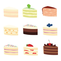 Collection of various birthday cake pieces isolated on white background