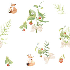 Cute watercolor fox seamless pattern in a forest theme. Ideal for baby products, nursery designs, and kids’ fabrics.