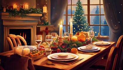 Warm Inviting Luxury Christmas Dining Experience in a Cozy Home, Radiating Holiday Cheer with Rich Reds and Golds, Festive Decorations, and Family Joyfully Gathered Around the Table.