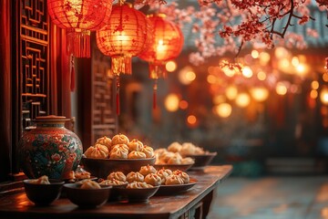 Fototapeta premium Traditional Chinese New Year festive table setting with bright red lanterns, golden decorations and delicious dumplings beautifully arranged on a wooden table, creating a warm and joyful atmosphere,