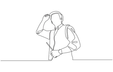 Engineering outline character line art illustration hand drawn engineer holding blueprint document, Continuous line drawing of project workers and construction activities.