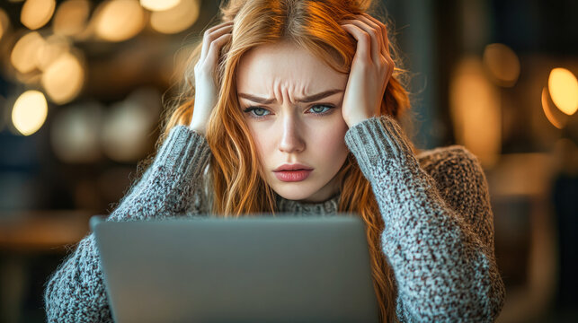 cyberbullying, professional burnout. Sad young woman with laptop depressed by bad news, cyber bully and breakup chat. Frustrated Student experiencing headache pain working at laptop
