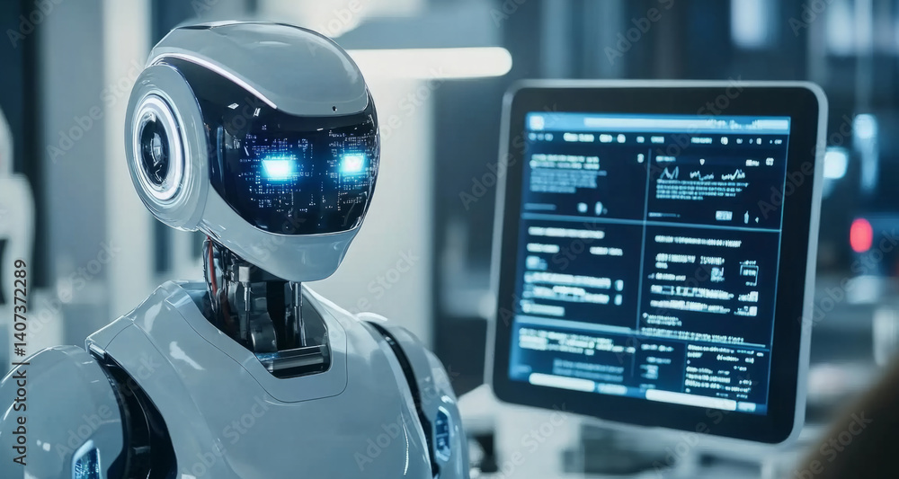 Poster A sleek robot stands quietly beside a computer screen displaying data, symbolizing the collaboration between technology and humanity. This moment encapsulates the future of artificial intelligence.