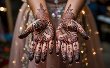 Exquisite Henna Artistry: Intricate henna designs adorn a bride's hands, showcasing the rich cultural heritage and artistry. The detailed patterns speak volumes about the celebration and beauty.